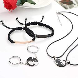 JOERICA 6 Pcs Couple Necklace Bracelets Keychain Matching Set for Women Men Cat Pendant Necklace His & Hers Bracelets Cat Keychain Couple Gift