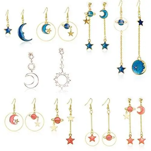 9 Pairs Star Moon Earrings Earth Moon Earrings Sun Moon Earrings Asymmetric Earrings Bohemia Moon Earrings for Girls Women
