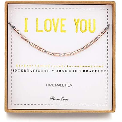 RareLove I Love You Morse Code Bracelets Secret Message Gift For Her Rose Golden Beads String Bracelet Women Girls