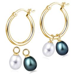 MOLAH 925 Silver Multi-use Hoop Sade Earrings 7-7.5mm Cultured Freshwater Drop White and Black Peacock Pearl 4-in-1 Yellow Gold Plated