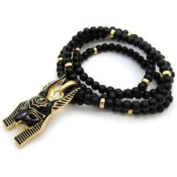 Fashion 21 Egypt God Anubis Head Pendant 6mm 30'' Wooden Bead Necklace in Gold, Silver Tone