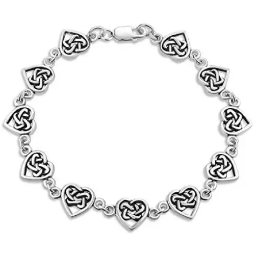 Oxidized .925 Sterling Silver Multi Infinity Celtic Knotwork And Hearts Link Bracelet For Women Teens BFF Lovers