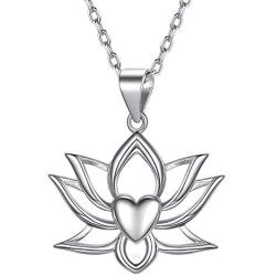 ChicSilver Yoga Lotus Flower Heart Necklace, Dainty Simple 925 Sterling Silver Pendant Necklace Lotus Flower Jewelry for Women