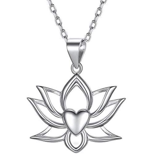 ChicSilver Yoga Lotus Flower Heart Necklace, Dainty Simple 925 Sterling Silver Pendant Necklace Lotus Flower Jewelry for Women