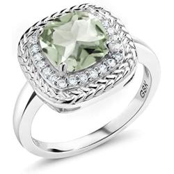 Gem Stone King 925 Sterling Silver Green Prasiolite Women Engagement Ring (2.05 Ct Cushion Cut Gemstone Birthstone, Available in size 5, 6, 7, 8, 9)