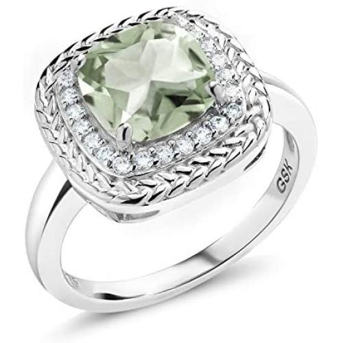 Gem Stone King 925 Sterling Silver Green Prasiolite Women Engagement Ring (2.05 Ct Cushion Cut Gemstone Birthstone, Available in size 5, 6, 7, 8, 9)
