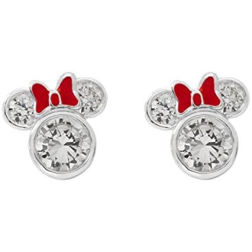 Disney Minnie Mouse Women Jewelry, Sterling Silver Cubic Zirconia and Red Enamel Bow Detail Stud Earrings