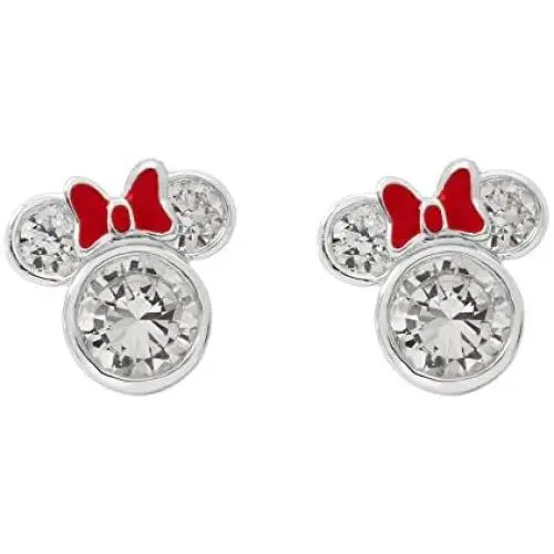 Disney Minnie Mouse Women Jewelry, Sterling Silver Cubic Zirconia and Red Enamel Bow Detail Stud Earrings