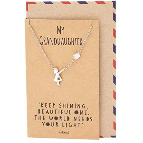Quan Jewelry Granddaughter Necklace, Heartwarming Gift from Grandparents with Motivational Quote, Adjustable Chain 16in to 18in