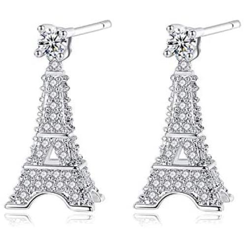 YuRocker Heart Key Paris Eiffel Tower Pendant Necklace/Earrings Long Women Girl - Silver Tone Jewelry (Earrings)