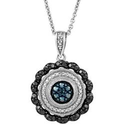 Jewelili Sterling Silver 1/10 Cttw Treated Blue with Natural Black and White Diamond Accent Pendant and Stud Earrings Jewelry Set