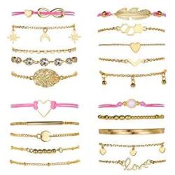 Mootysz 20Pcs 14K Gold Layered Bracelets for Women Set,Beaded Bracelets for Girls Multiple Adjustable Stackable Wrap Jewelry Gift