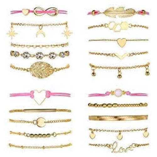 Mootysz 20Pcs 14K Gold Layered Bracelets for Women Set,Beaded Bracelets for Girls Multiple Adjustable Stackable Wrap Jewelry Gift