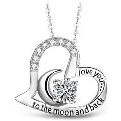 T400 925 Sterling Silver Pendant Necklace I Love You to The Moon and Back Gold Rosegold Plated White Moon Heart Pendant Birthday Gift for Women Girls