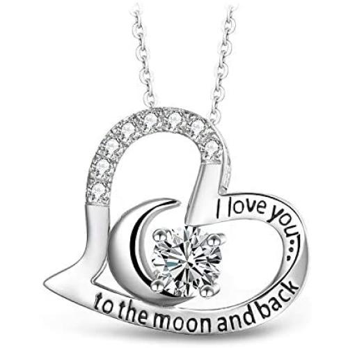 T400 925 Sterling Silver Pendant Necklace I Love You to The Moon and Back Gold Rosegold Plated White Moon Heart Pendant Birthday Gift for Women Girls