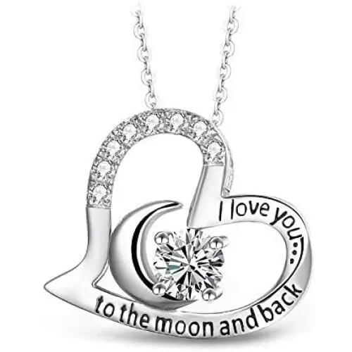 T400 925 Sterling Silver Pendant Necklace I Love You to The Moon and Back Gold Rosegold Plated White Moon Heart Pendant Birthday Gift for Women Girls