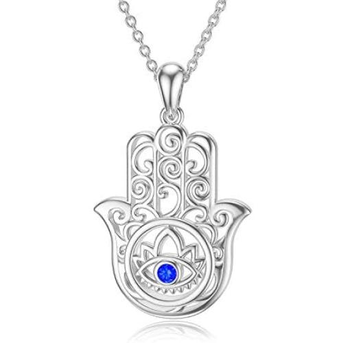 PELOVNY Hamsa Hand Necklace for Women Sterling Silver Evil Eye Pendant Necklace with Cubic Zirconia Evil Eye Hamsa Hand of Fatima Jewelry Gift for Girls Mother 18 inches Chain