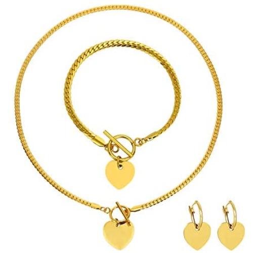 FAMARINE Jewelry Set Gold Heart Pendant Necklace and Women Heart Bracelet Gold Hoop Earrings for Women, Mothers Day Gift