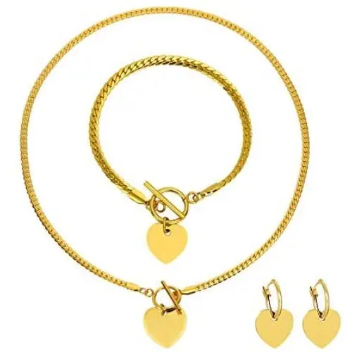 FAMARINE Jewelry Set Gold Heart Pendant Necklace and Women Heart Bracelet Gold Hoop Earrings for Women, Mothers Day Gift FAMARINE Jewelry Set Gold Heart Pendant Necklace and Women Heart Bracelet Gold Hoop Earrings for Women, Mothers Day Gift