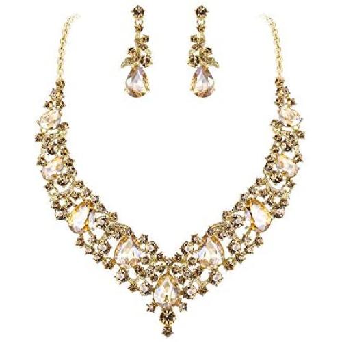 BriLove Womens Costume Elegant Crystal Teardrop Cluster Statement Necklace Dangle Earrings Set