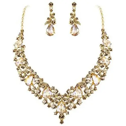 BriLove Womens Costume Elegant Crystal Teardrop Cluster Statement Necklace Dangle Earrings Set BriLove Womens Costume Elegant Crystal Teardrop Cluster Statement Necklace Dangle Earrings Set