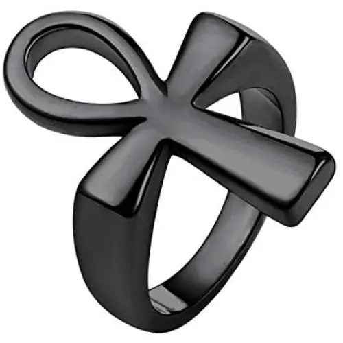 U7 Men Women Stainless Steel Polished Fashion Egyptian Jewelry Customizable Ankh Cross/Eye of Horus Ring, Size 7 to 12, with Gift Box, Color Silver, Black, Gold