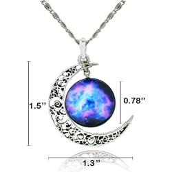 Galaxy & Crescent Cosmic Moon Pendant Necklace, Purple Glass, 17.5 Chain, Great Gift for Women