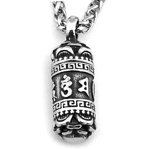 Warvik Indian Ohm Six Mantra Words Pendant Necklace Lotus Cylinder Silver Color, Stainless Steel Jewelry Men Women Wheat Chain 20/28 Inch Warvik Indian Ohm Six Mantra Words Pendant Necklace Lotus Cylinder Silver Color, Stainless Steel Jewelry Men Women Wheat Chain 20/28 Inch