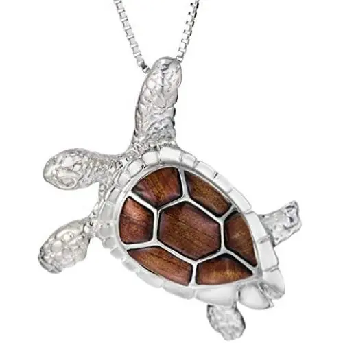Aloha Jewelry Company Sterling Silver Koa Wood 3D Turtle Necklace Pendant with 18'' Box Chain Aloha Jewelry Company Sterling Silver Koa Wood 3D Turtle Necklace Pendant with 18'' Box Chain