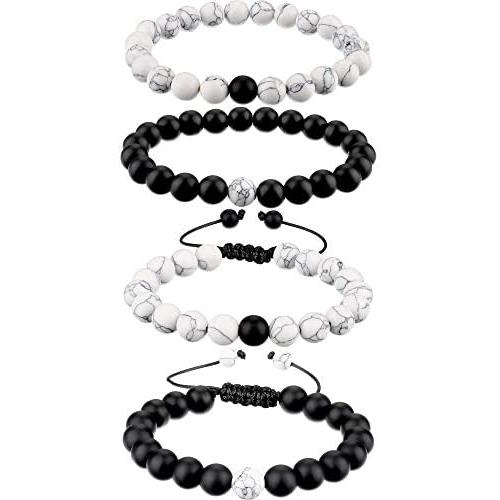 BBTO Howlite Bracelet Black Matte Agate Bracelet Couples Bracelet Distance Bracelet Energy Beads Bracelet (Style Set 1, 4 Pieces)