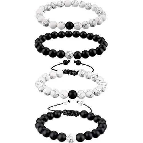 BBTO Howlite Bracelet Black Matte Agate Bracelet Couples Bracelet Distance Bracelet Energy Beads Bracelet (Style Set 1, 4 Pieces)