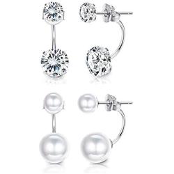 Sllaiss 2 Pairs Sterling Silver Double Ball Ear Jacket Earrings Set Cubic Zirconia Round Pearl Jewelry for Women Girls