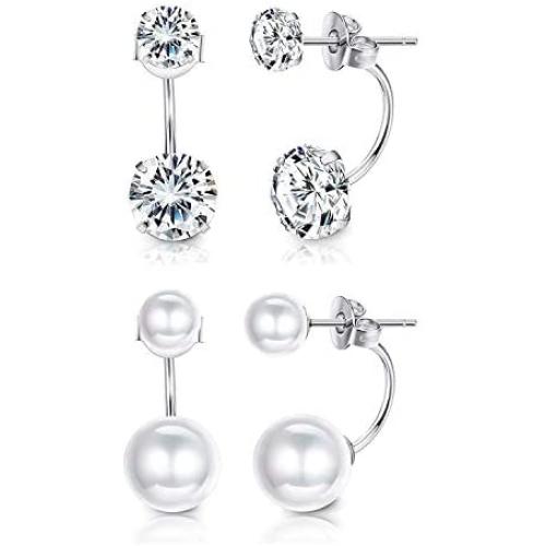 Sllaiss 2 Pairs Sterling Silver Double Ball Ear Jacket Earrings Set Cubic Zirconia Round Pearl Jewelry for Women Girls
