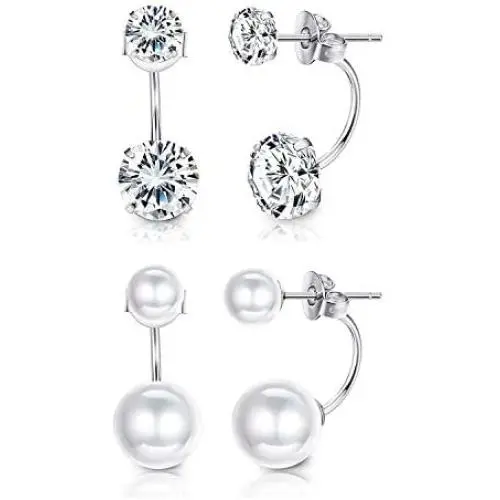 Sllaiss 2 Pairs Sterling Silver Double Ball Ear Jacket Earrings Set Cubic Zirconia Round Pearl Jewelry for Women Girls Sllaiss 2 Pairs Sterling Silver Double Ball Ear Jacket Earrings Set Cubic Zirconia Round Pearl Jewelry for Women Girls