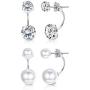 Sllaiss 2 Pairs Sterling Silver Double Ball Ear Jacket Earrings Set Cubic Zirconia Round Pearl Jewelry for Women Girls