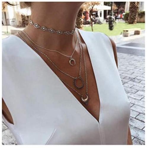 Chargances Silver Crescent Moon Pendant Long Chain Necklace Stars Choker for Women and Girls Ladies Delicate Jewelry Sexy Boho Multi Layered Necklace
