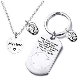 FUSTMW Firefighter Gift Keychain Necklace Matching Set Fireman Jewelry Gift for Firefighter Wife, Girlfriend, Mom, Daughter May God Protect You from Harm