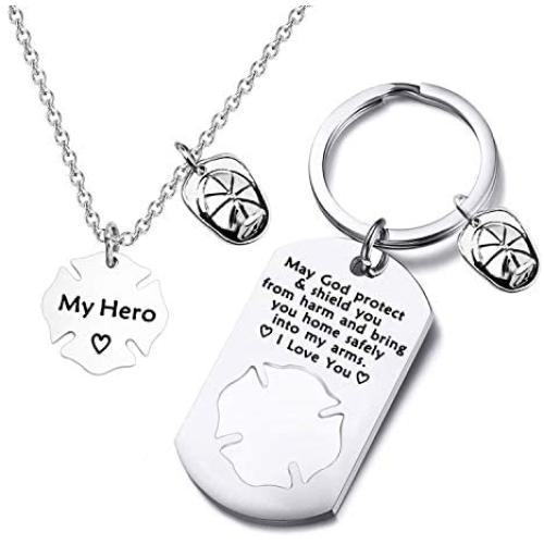 FUSTMW Firefighter Gift Keychain Necklace Matching Set Fireman Jewelry Gift for Firefighter Wife, Girlfriend, Mom, Daughter May God Protect You from Harm