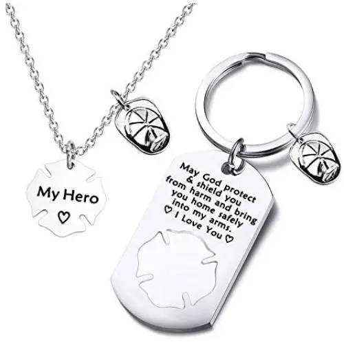 FUSTMW Firefighter Gift Keychain Necklace Matching Set Fireman Jewelry Gift for Firefighter Wife, Girlfriend, Mom, Daughter May God Protect You from Harm FUSTMW Firefighter Gift Keychain Necklace Matching Set Fireman Jewelry Gift for Firefighter Wife, Girlfriend, Mom, Daughter May God Protect You from Harm