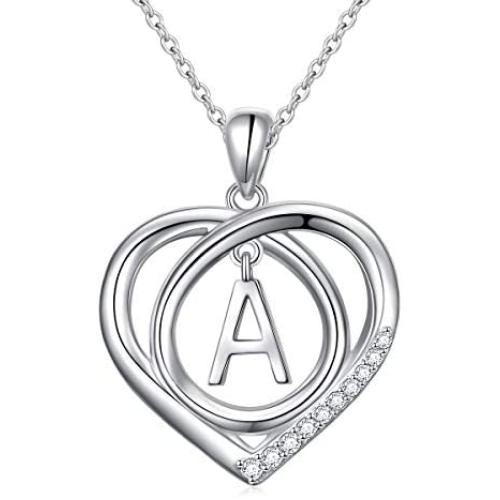 Jewelry Sterling Silver Initial Letter Alphabet A to Z Love Heart Cubic Zirconia Pendant Necklace Gift for Women
