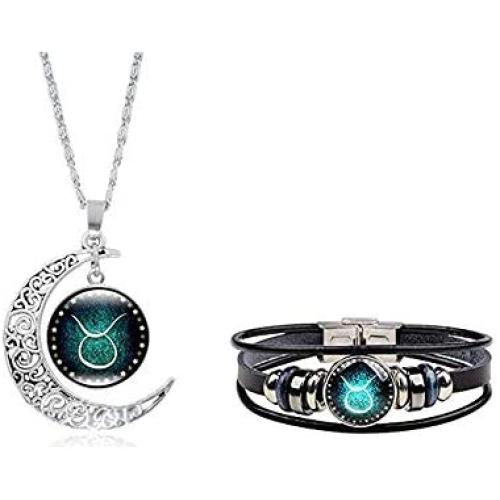 Dcfywl731 Fashion 12 Twelve Constellations Hand Woven Leather Bracelet and Moon Pendant Necklace Zodiac Sign Jewelry Set