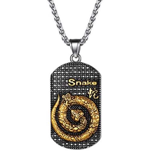FindChic Mens Dog Tag Antiqued Finish Chinese Zodiac Sign Necklaces Stainless Steel 18K Gold Plated Kanji Pendants Customized Jewelry Birthday Gift