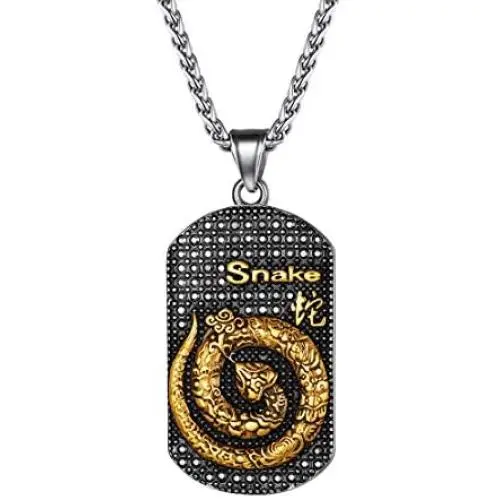 FindChic Mens Dog Tag Antiqued Finish Chinese Zodiac Sign Necklaces Stainless Steel 18K Gold Plated Kanji Pendants Customized Jewelry Birthday Gift