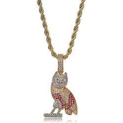 Moca Jewelry Hip Hop Iced Out Bling Personality Owl Pendent 18K Gold Plated Chain Necklace for Men Women