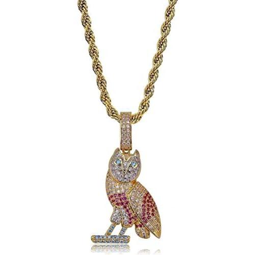 Moca Jewelry Hip Hop Iced Out Bling Personality Owl Pendent 18K Gold Plated Chain Necklace for Men Women