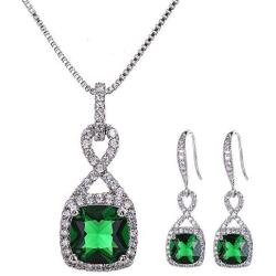 AMYJANE Crystal Jewelry Set for Women - Sterling Silver Square Cubic Zirconia CZ Bridal Pendant Necklace Earrings Set for Wedding Bride Bridesmaids Birthstone Fashion Jewelry Set
