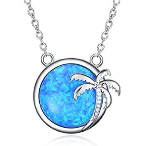 SOULMEET Palm Tree Jewelry Necklace for Women Sterling Silver Simulated Opal Necklace for Her