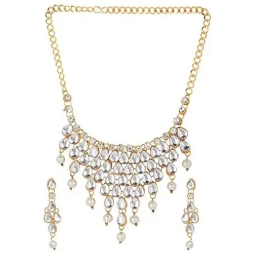 Efulgenz Indian Bollywood Gold Plated Crystal Kundan Rhinestone Faux Pearl Wedding Choker Collar Necklace Earrings Jewelry Set