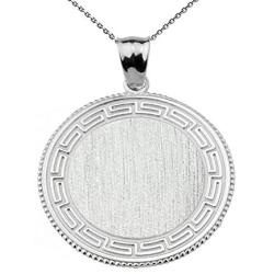Greek Key Silver Engravable Round Pendant Necklace