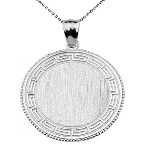 Greek Key Silver Engravable Round Pendant Necklace